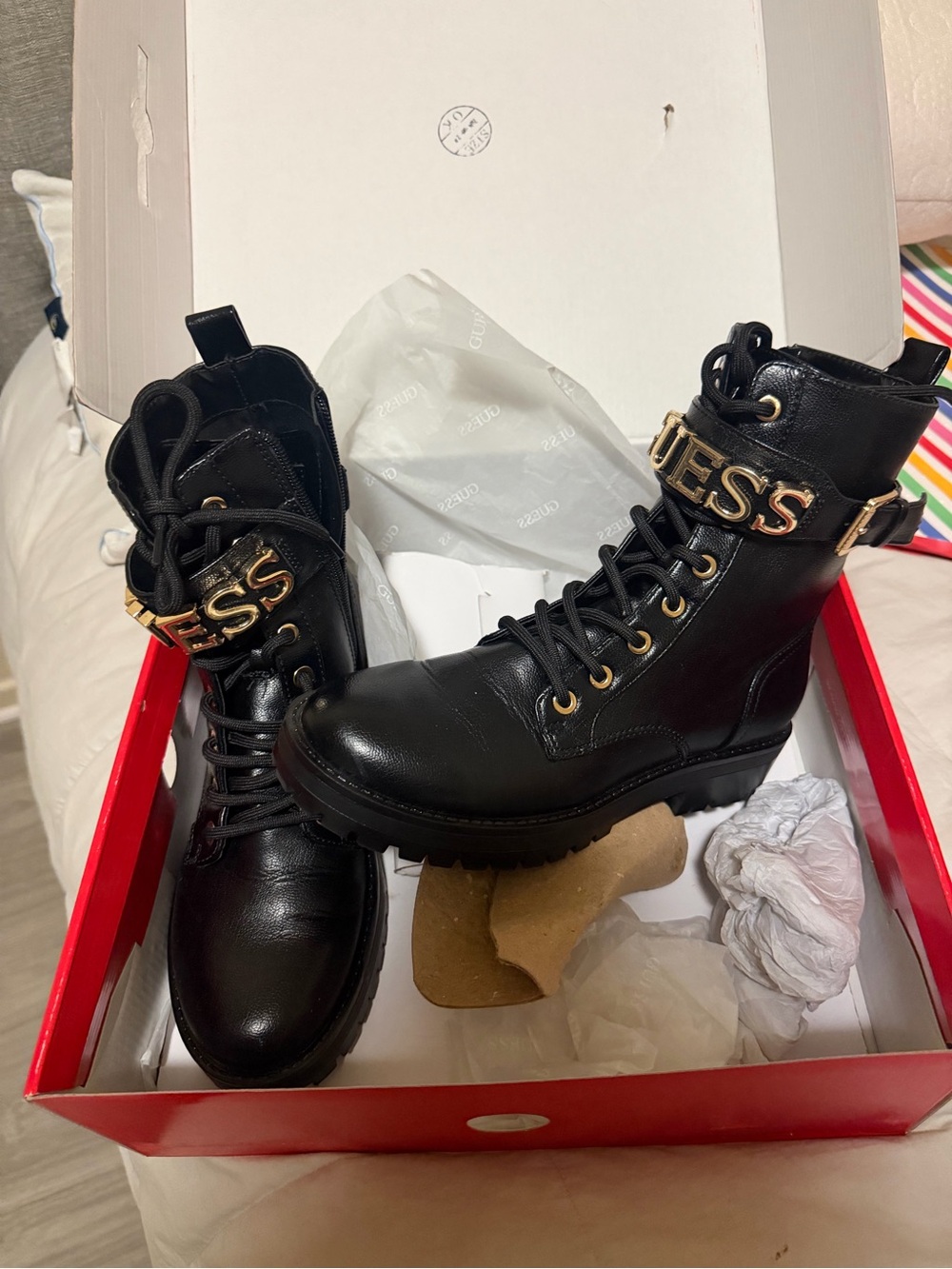 GUESS Black Lace-Up Combat Boots with Gold Logo Accent